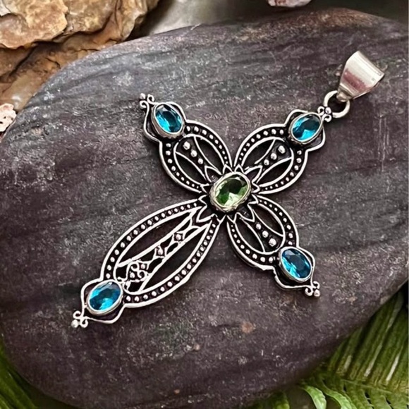 Blue Topaz & Peridot Sterling Silver 2.5” Cross Pendant - Picture 2 of 7